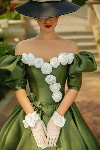 Ретро зеленое свадебное платье, французский ретро стиль, рукава фонарики