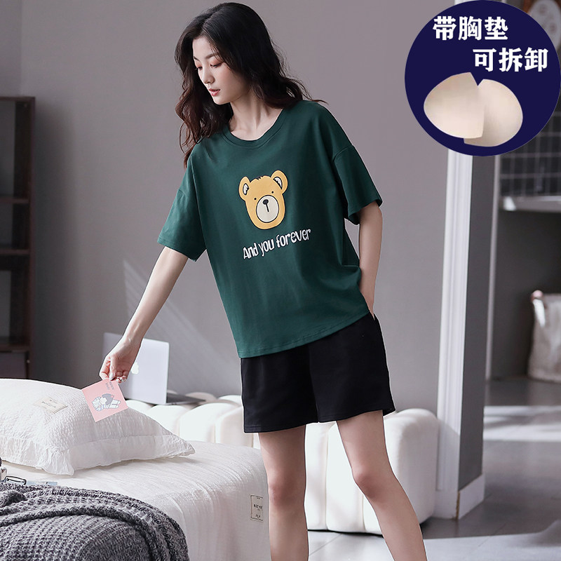 With Chest Cushion Pyjamas Lady Summer Pure Cotton Short Sleeve Thin SUIT BIG SIZE SPRING 2022 NEW SUMMER HOME CLOTHING