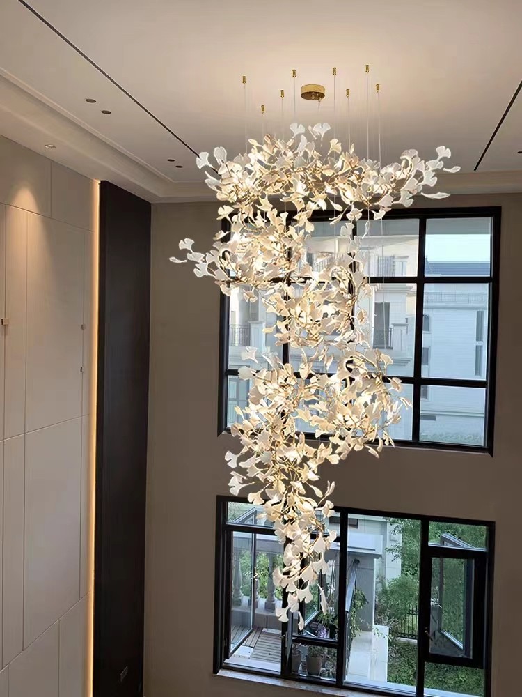 Large Chandelier for Duplex Loft Staircase Lighting, Light Luxury Villa Open-Air Mezzanine Living Room Lobby Sales Office Ginkgo Leaf Lamp