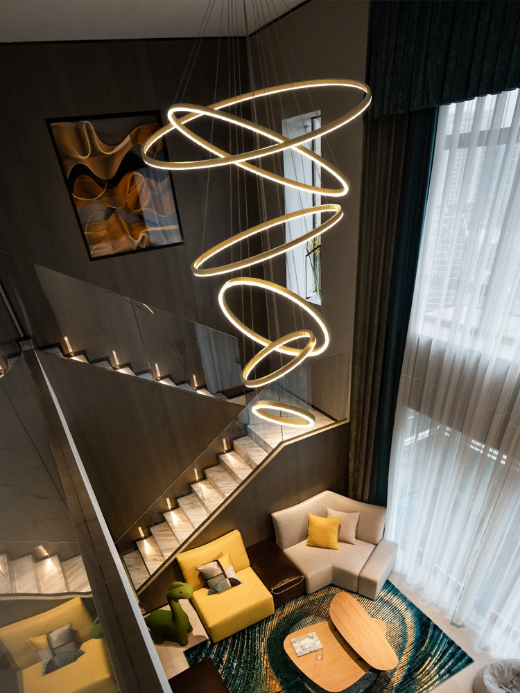 Living Room Villa Duplex Large Chandelier Simple Modern Light Luxury Apartment Hotel Open Staircase Loft Chandelier Round Shape