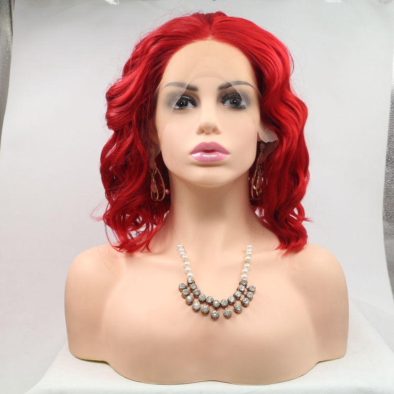 Hand-Crocheted Lace Front Red Small Wavy Short Curly Hair Natural Realistic Wig for Women Matte High-Temperature Fiber Internet Celebrity Wig