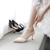 Word-button high heel heels female summer fit dress Baotou sandals 2021 New female finer with pointed single shoe small size