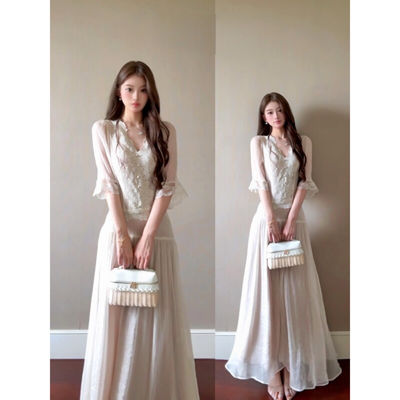 French White V-Neck Lace Mid-Sleeve Dress for Women, Summer Seaside Resort Style, Beautiful Elegant, Birthday Long Dress French White V-Neck Lace Mid-Sleeve Dress for Women, Summer Seaside Resort Style, Beautiful Elegant, Birthday Long Dress