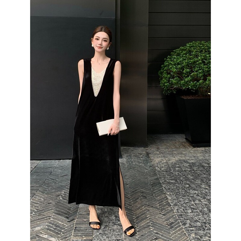French-Style Black Tassel Beaded Sleeveless Dress for Women, Summer High-End Elegant Casual Loose Slit Long Dress