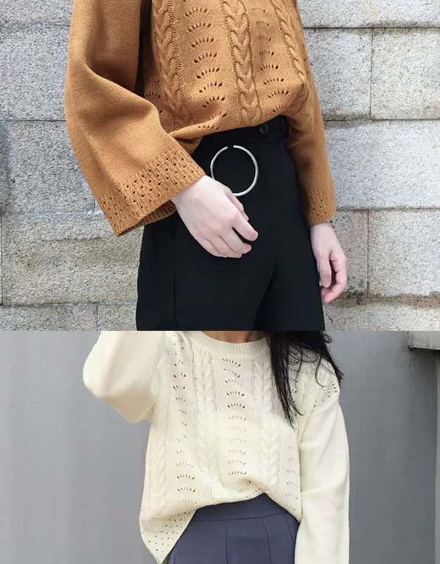 Mùa xuân và mùa thu retro rỗng ngắn đầu áo len lỏng áo khoác mỏng dài tay phiên bản Hàn Quốc của áo len nữ dưới cùng