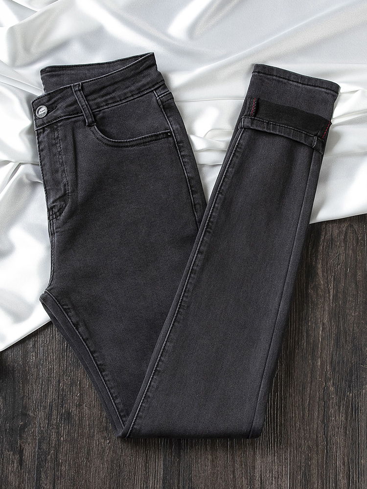 High Waist Tobacco Grey Plus Suede Jeans Woman 2021 Autumn Winter New Elastic Tight Fit 90% Small Foot Pencil Pants