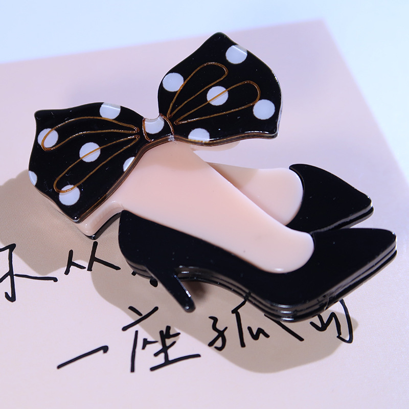 European and American New Style Acetate Brooch with Bow Tie Shoe Design, Acrylic Brooch, Versatile High Heel Shoe Pin