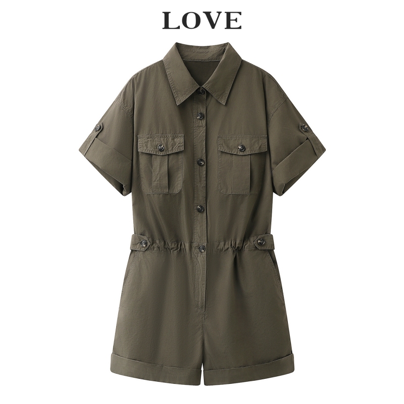2026 Summer New Military Style Casual Washed Long-Staple Cotton Workwear Pocket Rolled Hem Waist-Slimming Jumpsuit for Women