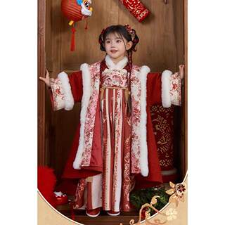 Girls' Red New Year Outfit with Fleece-Lined Dress, Hanfu Suit, Winter 2025 New Style, Children's Little Girl Tang Suit Dress