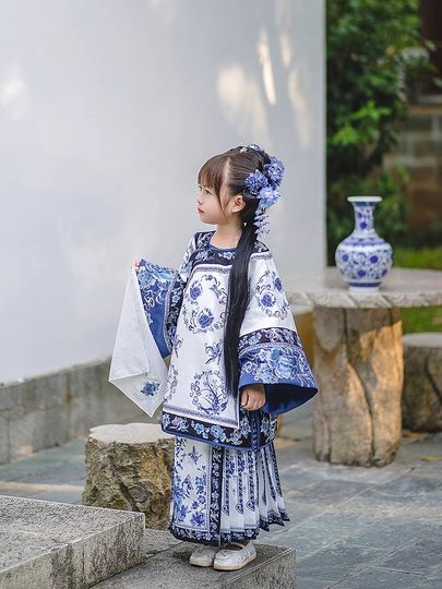Girls Manchu Chinese Han Dynasty Blue and White Porcelain Qing Dynasty Checkered Skirt Spring and Autumn Qing Han Female Pioneer Grandma Little Princess Skirt