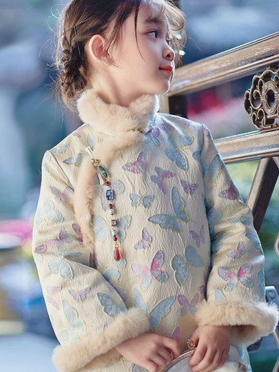 女童棉袄蝴蝶元素旗袍裙秋冬厚款儿童小女孩新中式拜年服唐装裙子