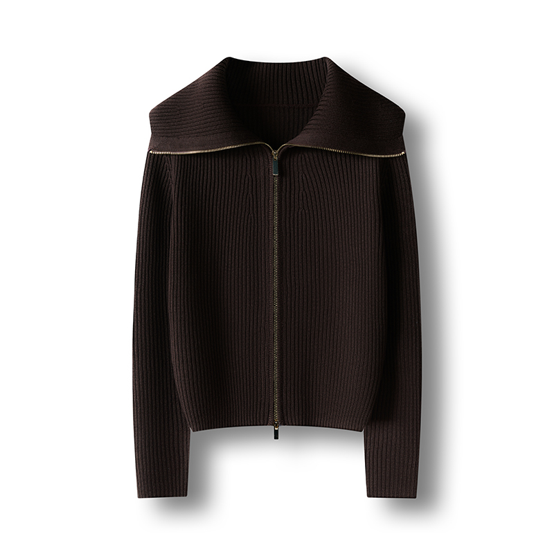 New Autumn and Winter Fine-Spun Merino Wool Knit Cardigan for Women with Large Lapel, Double-Ended Zipper, and Thickened Sweater Jacket
