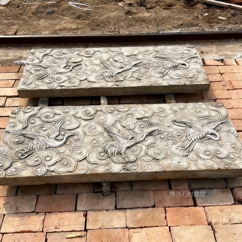 Stone Carving of Blue Stone Cranes with Cloud Motifs, Chinese-Style Retro Stone Tea Table, Long Stone Table, Tea Table