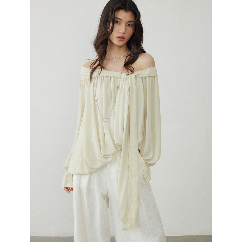 【Storewide 60% off】 Keara French-Style Irregular Off-Shoulder Shirt with Design Elements, Ribbon, and Exposed Shoulders for Women, Summer Loose Fit 【Storewide 60% off】 Keara French-Style Irregular Off-Shoulder Shirt with Design Elements, Ribbon, and Exposed Shoulders for Women, Summer Loose Fit