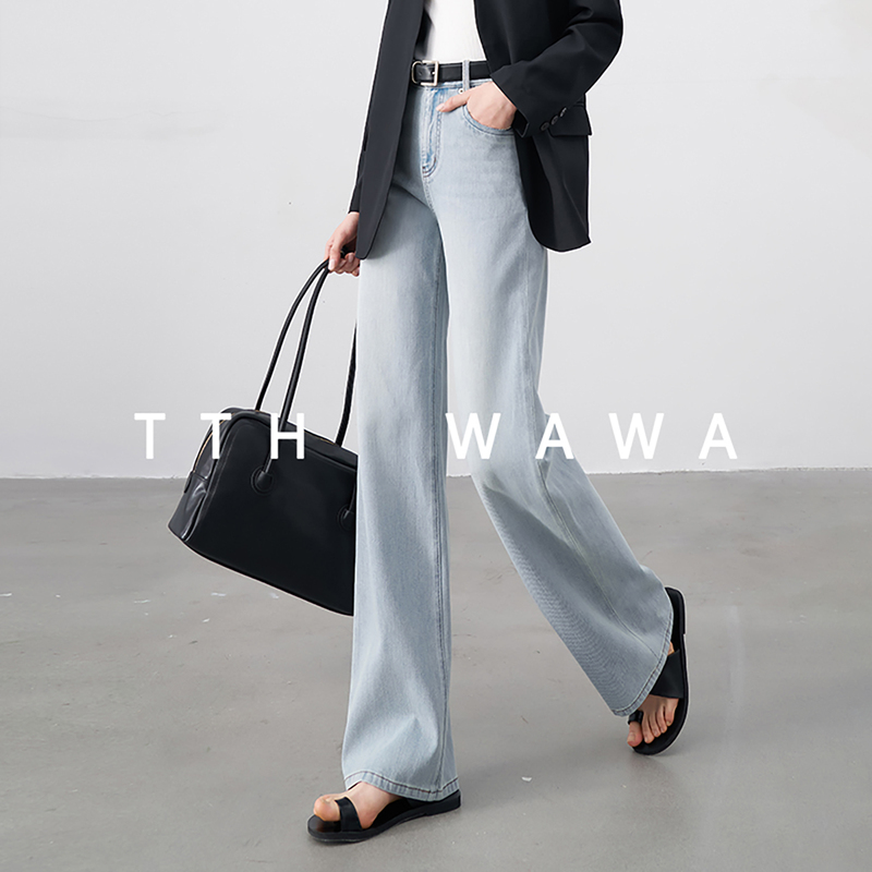 Tth Wawa Lyocell High-Waisted Slim Straight-Leg Jeans for Women 2026 New Slim-Fit Blue Floor-Length Pants