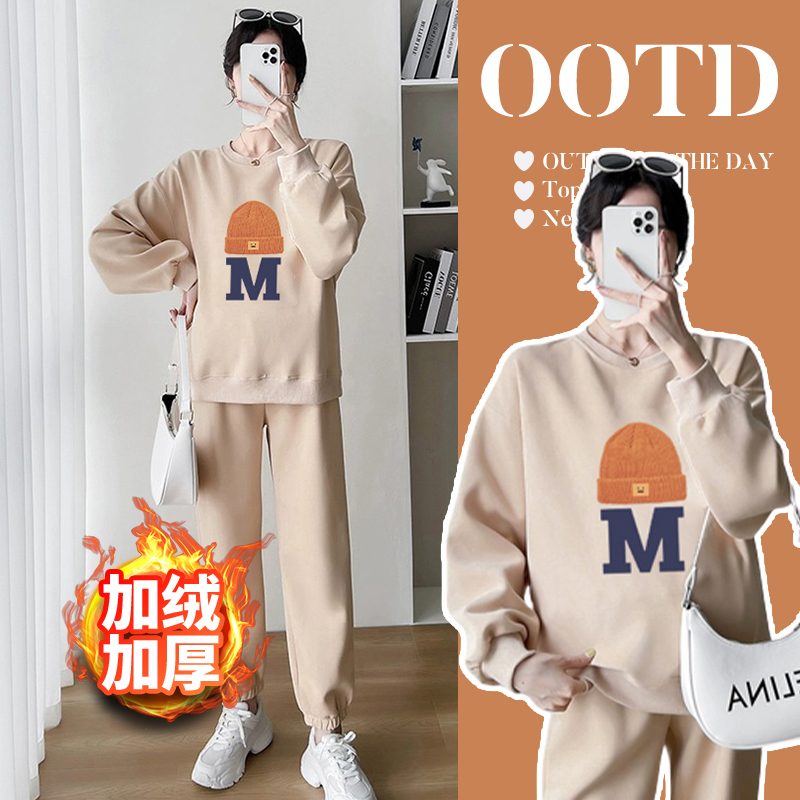 Pregnant Woman Suit Plus Suede Thickening Warm Cartoon Casual Sports Round Collar Sweatshirt Two Sets 2023 New Spring Autumn Winter-Taobao