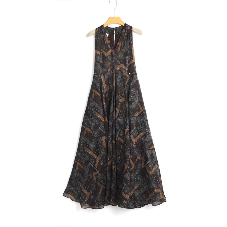 Ramie Retro Sleeveless Halter Neck Loose Dress for Women with Large Skirt, High-End Feel, Slimming Long Dress