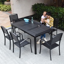 Anti-corrosion wood outdoor plastic wood table and chair with umbrella Open-air balcony Leisure table and chair combination Villa yard Garden table and chair