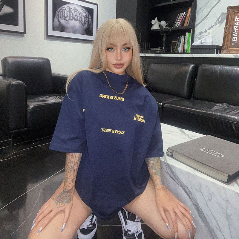 American-Style Kanye Kanye Trendy Brand High Street Lettered Couple's Outfit Men's Half-Turtleneck Top Loose Casual Short-Sleeve T-Shirt Women's American-Style Kanye Kanye Trendy Brand High Street Lettered Couple's Outfit Men's Half-Turtleneck Top Loose Casual Short-Sleeve T-Shirt Women's