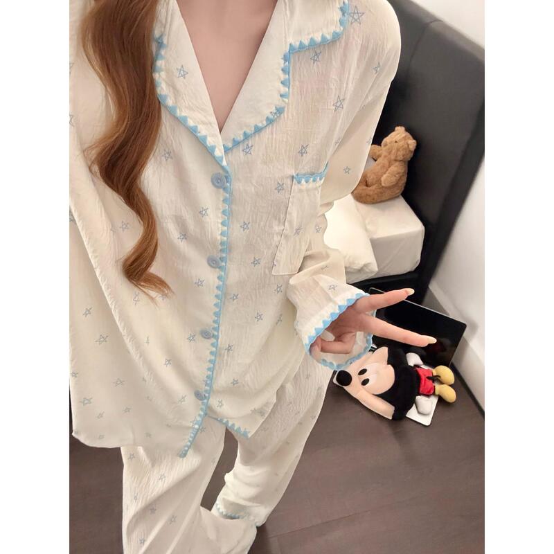 Victoria Cloud Cotton Pajamas for Women Korean Style Sweet Star Pattern Spring and Autumn New Contrast Color Trim Long Sleeve Homewear Set