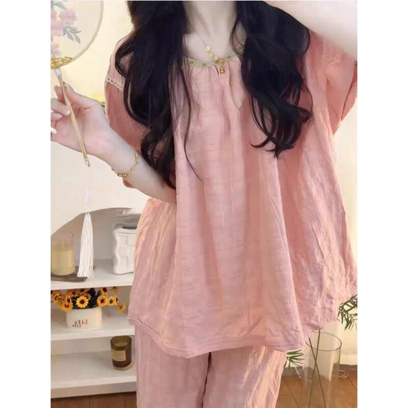 Victoria Pure Cotton Chinese Style Pajamas for Women 2026 New Summer Short-Sleeved Long Pants Home Wear Set Can Be Worn Outside