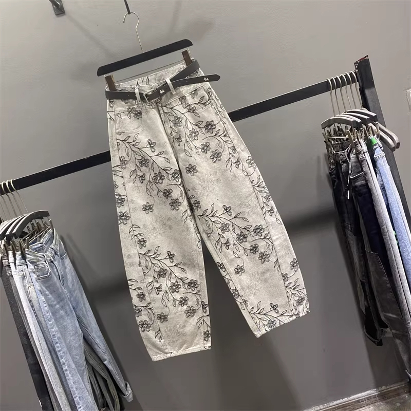 Jacquard Design High-Waisted Denim Scimitar Pants for Women 2026 Spring and Autumn New Loose Casual Versatile Straight Wide-Leg Pants
