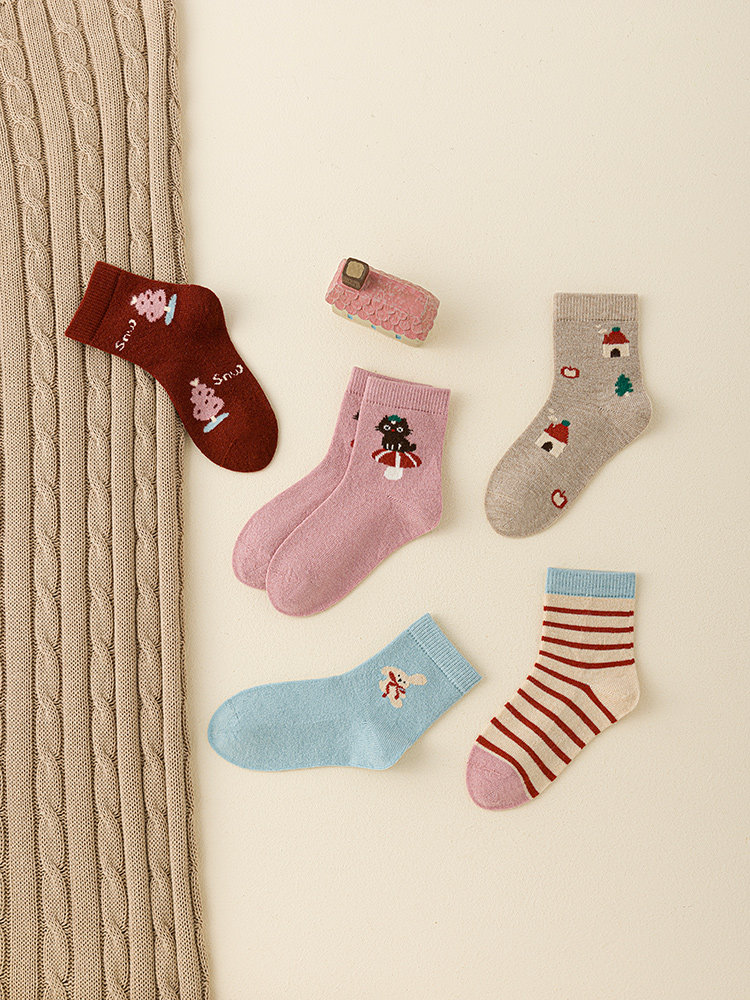 Seamless~Six-Fingered Mouse Children's Socks for Girls, Toddlers, Older Children, Students, Wool, Autumn and Winter, Mid-Calf Length