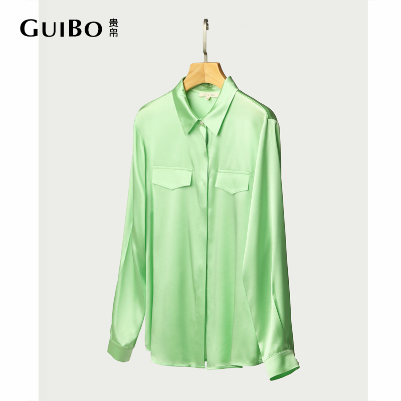 Silk Shirt for Women, Green Satin Blouse, Mulberry Silk Crepe Satin Shirt, Unique Design, Niche Silk Top, New Style