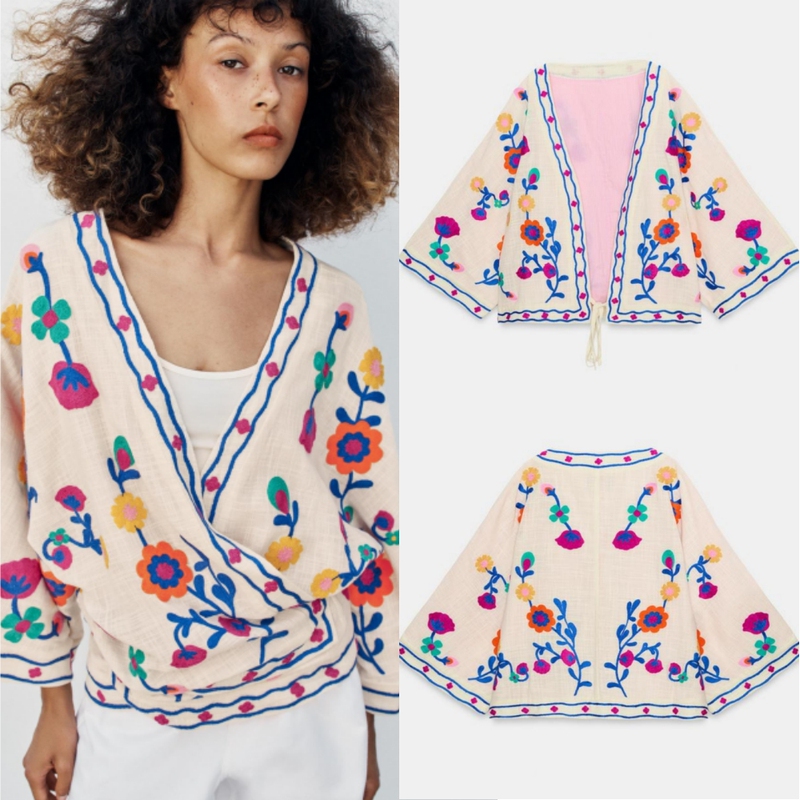 Za's Autumn Bohemian Style Floral Embroidered Lace-Up Bow Front Long-Sleeved Jacket 2855202