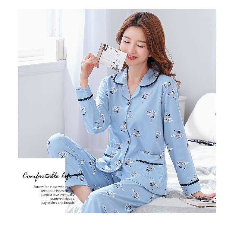 Đồ ngủ nữ dài tay mùa xuân và mùa hè phần mỏng dễ thương chút ve áo cardigan cotton tháng phù hợp với XL dịch vụ nhà