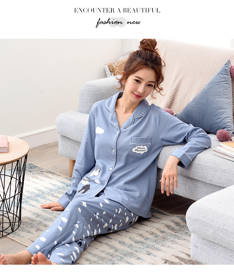 Đồ ngủ nữ dài tay mùa xuân và mùa hè phần mỏng dễ thương chút ve áo cardigan cotton tháng phù hợp với XL dịch vụ nhà