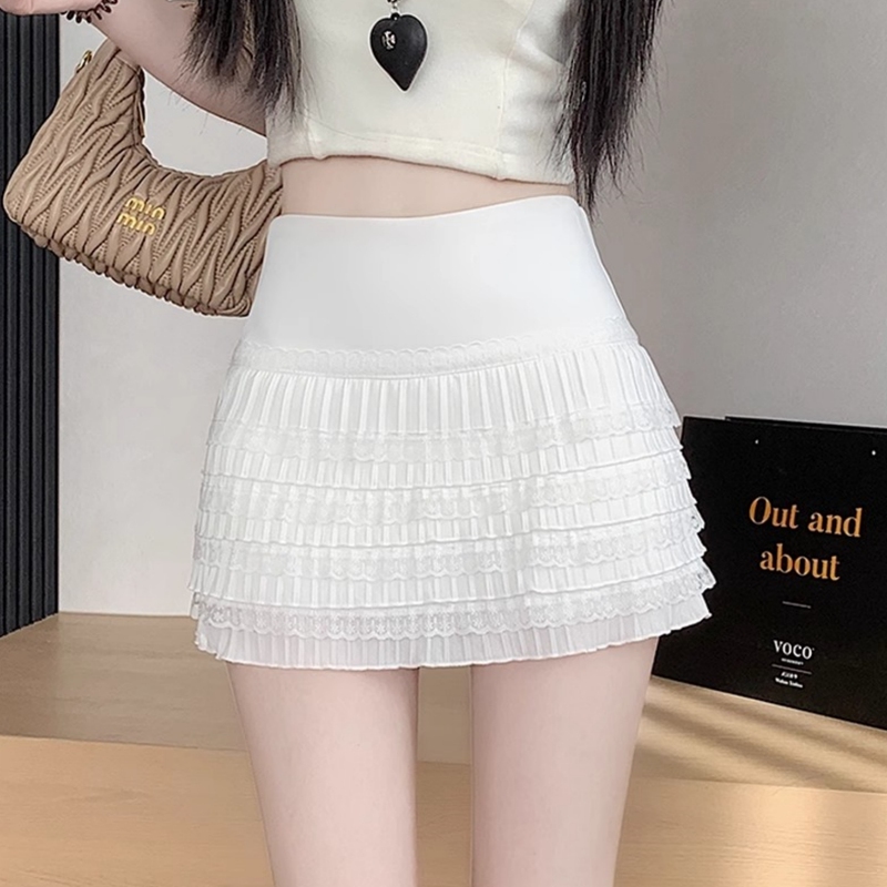 White Lace Pleated Short Skirt for Women, Spring High-Waisted Slimming Plus Size Elastic Anti-Exposure A-Line Bodycon Skirt