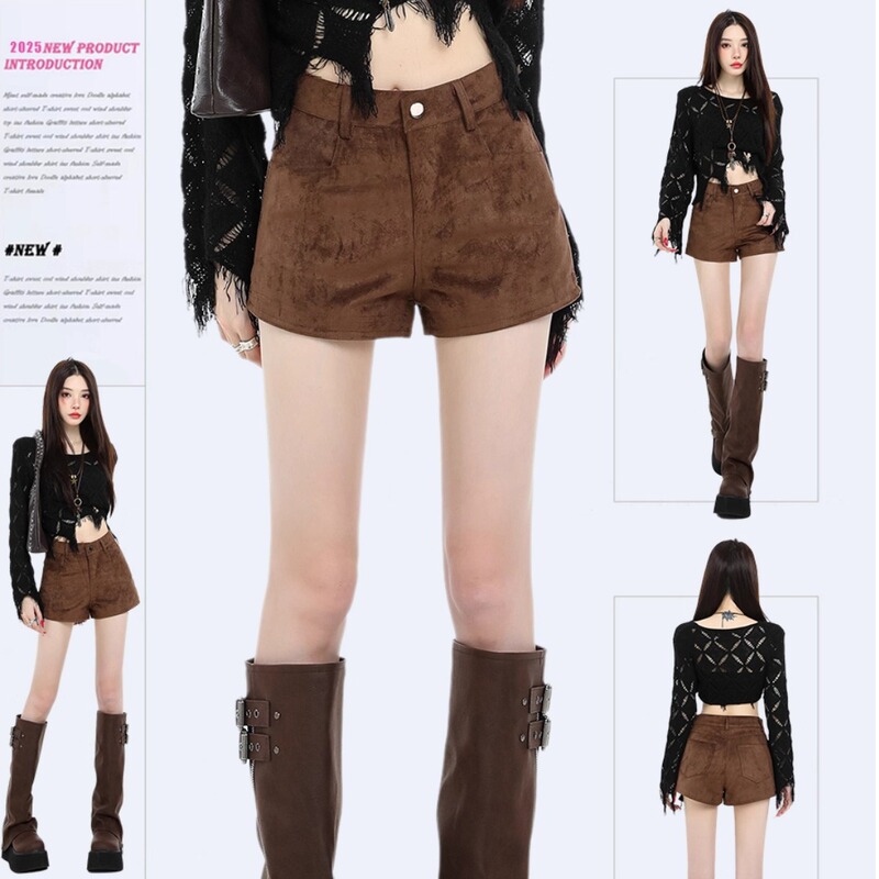 Melard Style Coffee-Colored Shorts, Plus Size, Spring New Fashion, Suede-Like Fabric, Trendy A-Line Shorts for Petite Women, Versatile Shorts