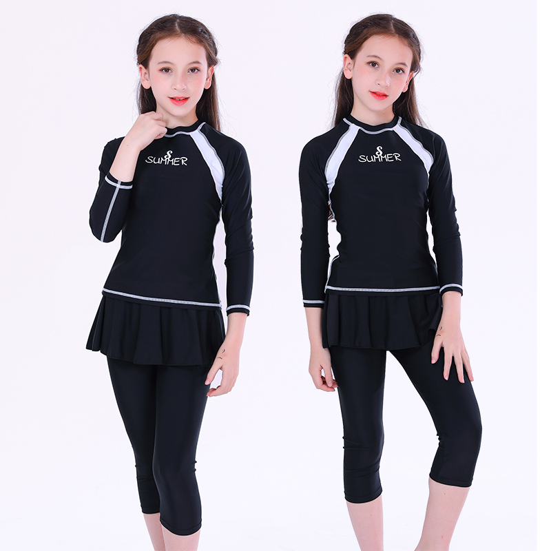 Children's swimsuit Girls summer middle and large children's split long sleeve sunscreen swimsuit Girls skirt with chest pad Student swimsuit