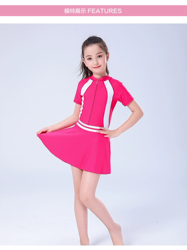 Đồ bơi trẻ em mới cho bé gái ngắn tay dính liền với trẻ lớn Học sinh ít bé gái mặc váy chống nắng bơi đồ bơi chuyên nghiệp - Bộ đồ bơi của Kid đồ bơi cho trẻ