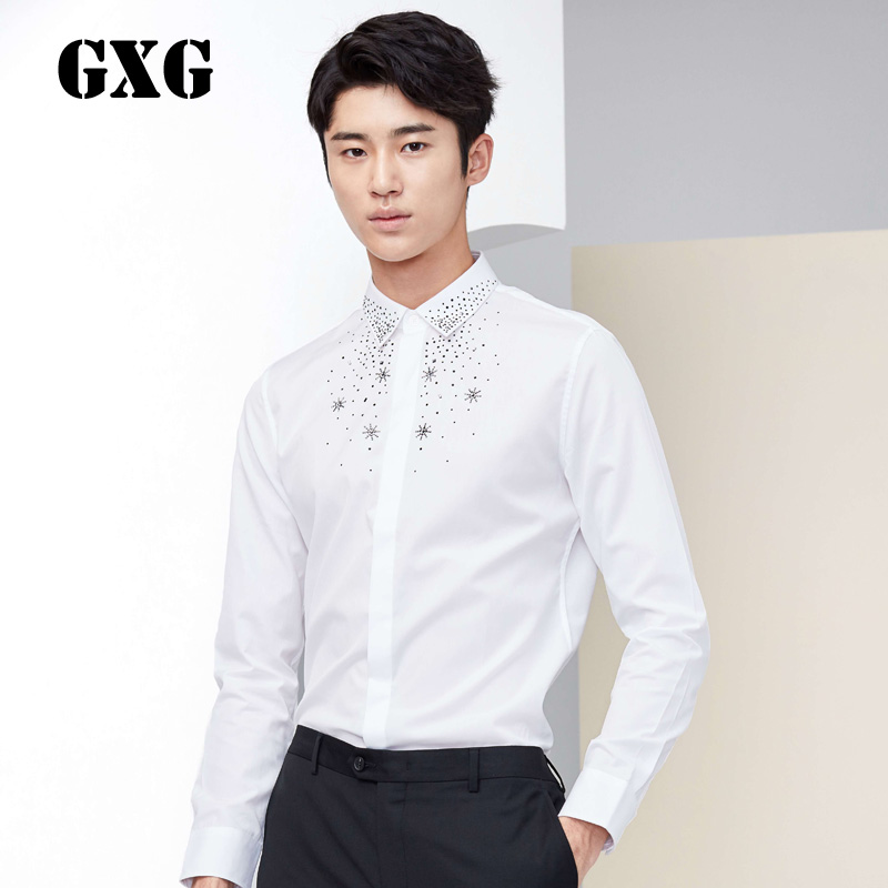 GXG长袖衬衫男装 冬季男士韩版时尚休闲带钻领商务修身款白色衬衣