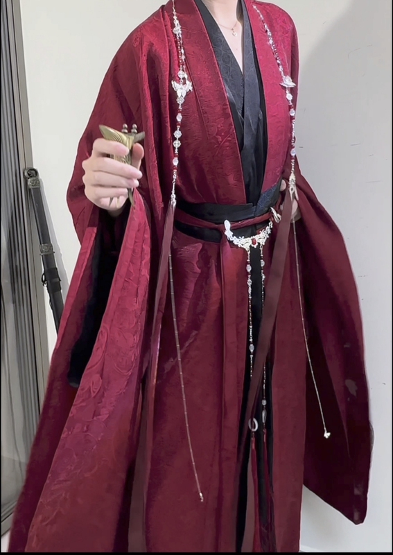 【Very True-To-Color Dark Red】Glossy Brocade Dark-Patterned Large-Sleeve Cape Hanfu Straight Hem Long Shirt Inner Garment 【Very True-To-Color Dark Red】Glossy Brocade Dark-Patterned Large-Sleeve Cape Hanfu Straight Hem Long Shirt Inner Garment