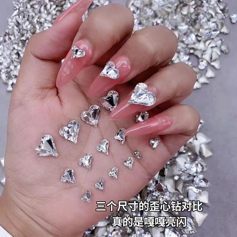 Xiaohongshu's Popular K9 Premium Crooked Heart DIY Rhinestones, Super Shiny Pointed-Back Nail Art Rhinestones, Nail Decorations Wholesale