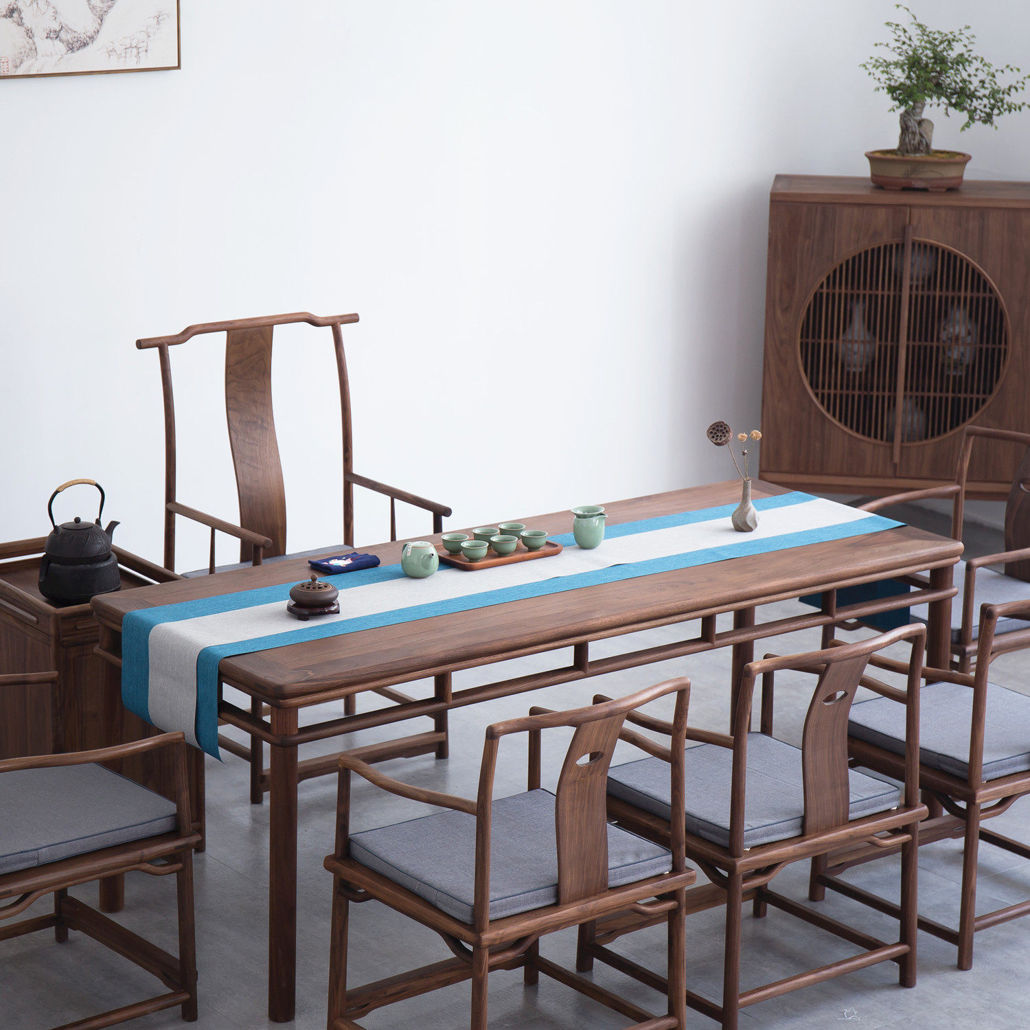 New Chinese black walnut tea table and chair combination old elm kung fu tea table solid wood tea art table Zen tea room furniture