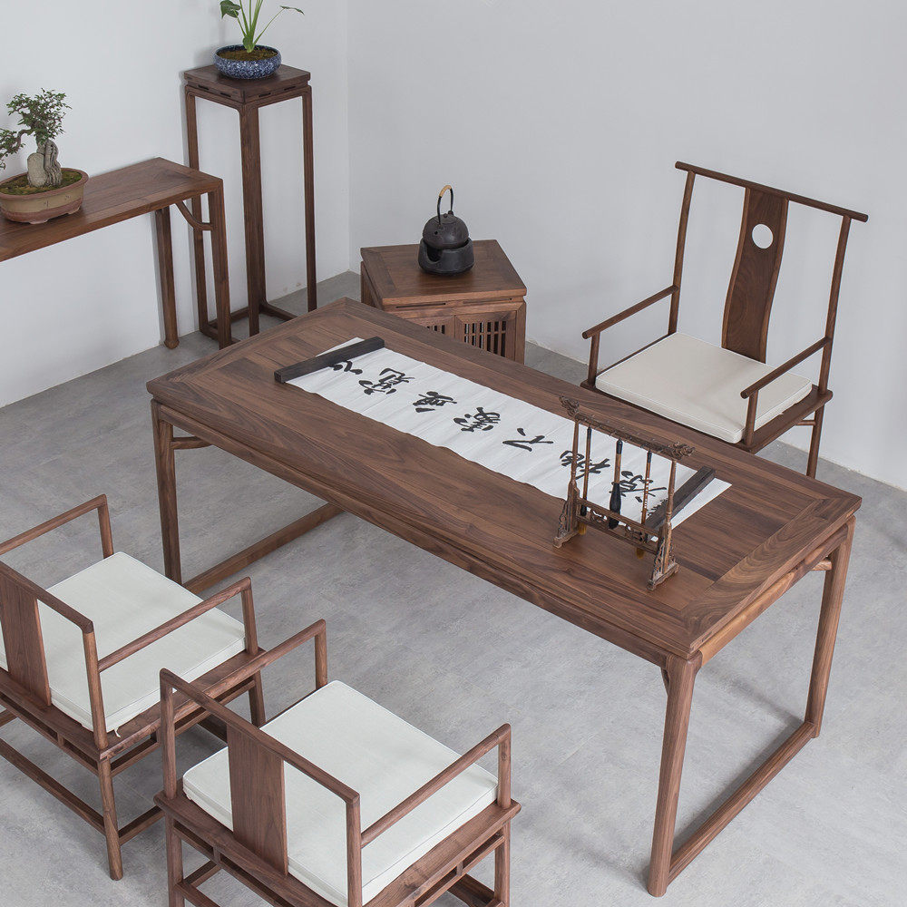 SUMMOU New Chinese Desk Black Walnut Solid Wood Tea Table and Chair Combined Elm Small Household Calligraphy Table Book Table