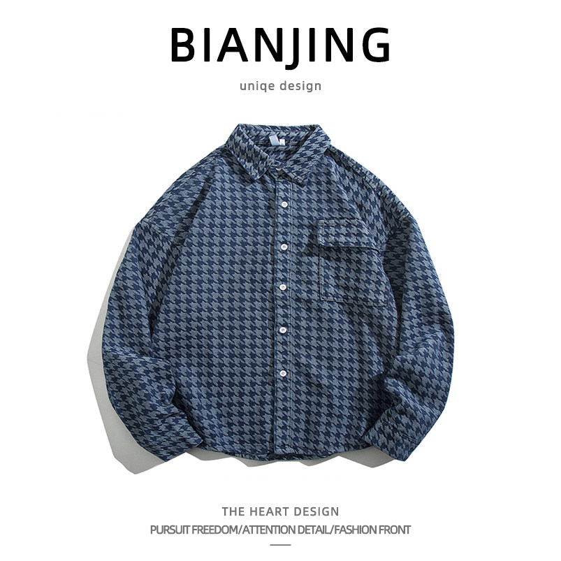 Port Wind National Tide Thousands of Thousand Birds With Long Sleeves Cowboy Shirts Men's Spring Autumn 100 Hitch Loose Casual Retro Lining Men's Tide-Taobao