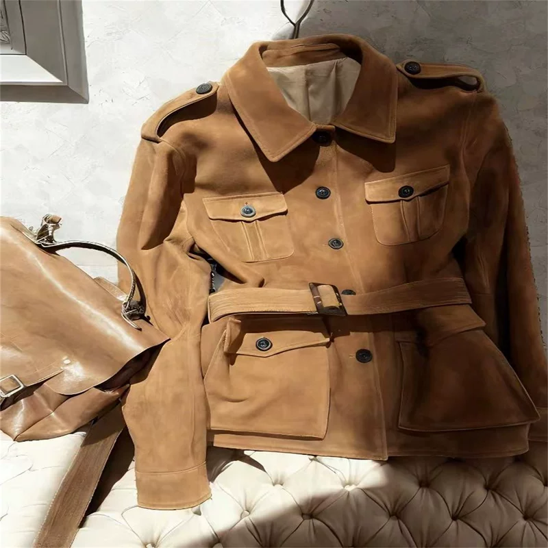 Коричневая ретро-куртка, подтяжки, тренчcoat, стиль высокого качества, свободный крой