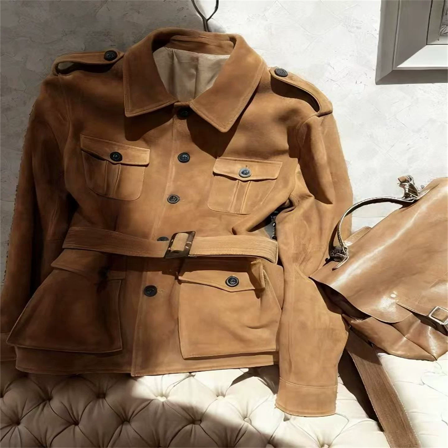 Коричневая ретро-куртка, подтяжки, тренчcoat, стиль высокого качества, свободный крой