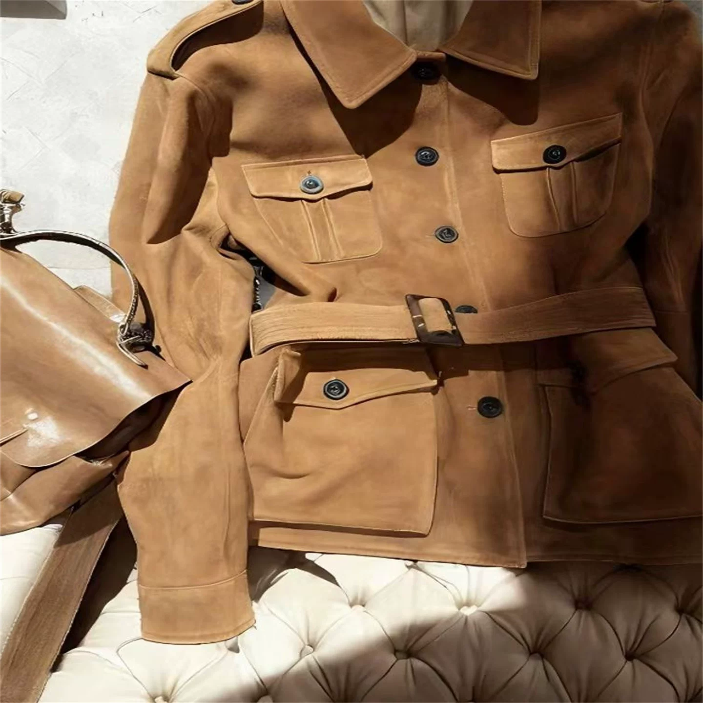Коричневая ретро-куртка, подтяжки, тренчcoat, стиль высокого качества, свободный крой