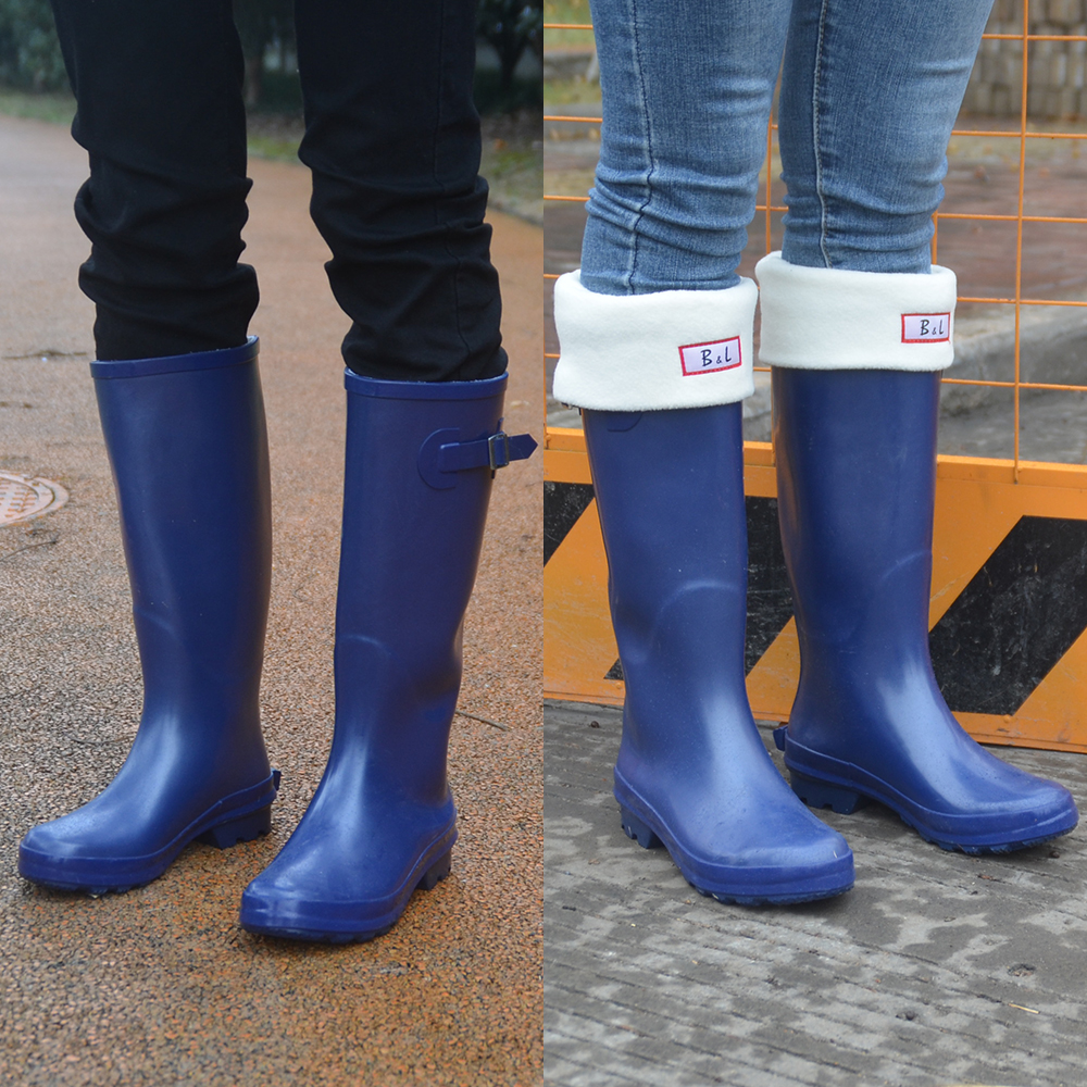 Blue rain boots women's fashion high tube waterproof sliding shoes rubber rain shoes four seasons European and American wind rubber shoes plus velvet socks