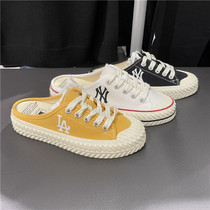 Korean counter MLB summer new NY Yankees canvas biscuit half slippers breathable wild height-raising women
