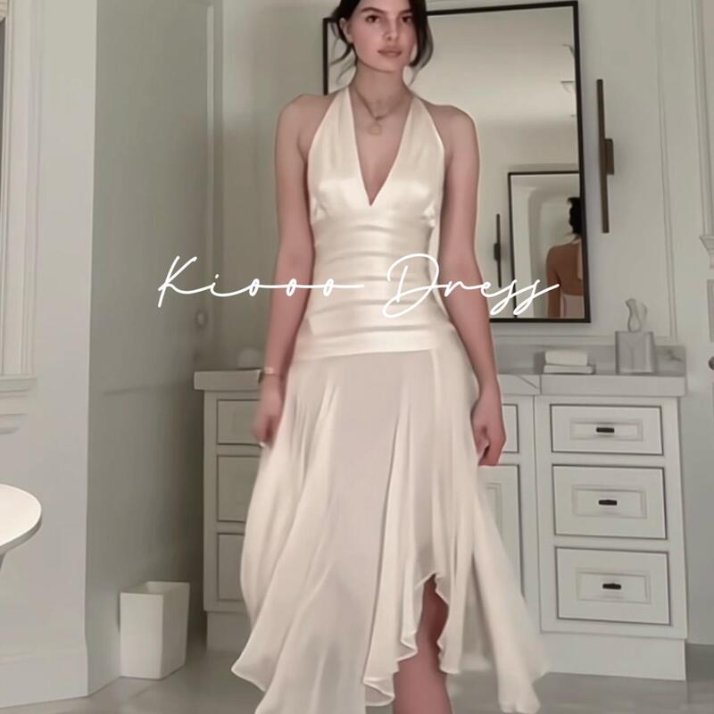 Kiooo【White Lily of the Valley】 Niche Satin French Gentle Style Seaside Vacation Dress with Elegant Halter Neck and Fishtail Skirt
