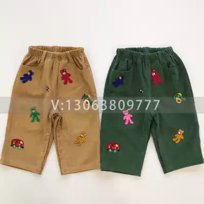 (Flag Bear series) 2021 autumn Boys Girls soft corduroy full printed bear car trousers
