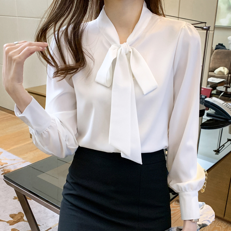 Spring and Autumn 2026 New Satin Professional Shirt for Women, Long-Sleeved Ribbon White Blouse, Elegant Top, Workwear