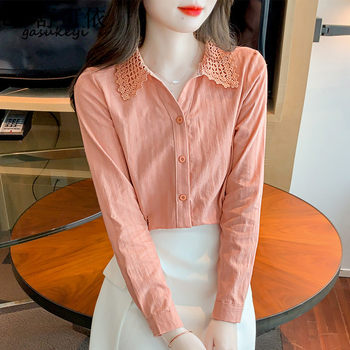 Spring 2023 new cotton shirt women's foreign style cotton ladies shirt long-sleeved fashion age-reducing lace top